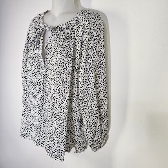 Loft Womens Top Small Floral Long Sleeve Black White Lightweight Tie Keyhole - Picture 5 of 9
